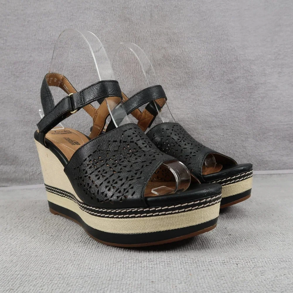 Clarks Shoes Womens 8 Wedge Sandals Ankle Strap Platform Black Leather Cushioned